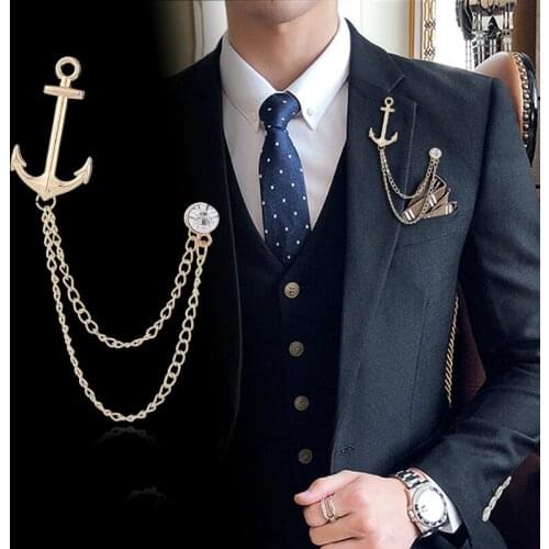 Tassel Brooch Anchor Badge British Navy Vintage Brooches Rhinestone Suit Coat Lapel Pin Men Luxury Jewelry Wedding Accessories