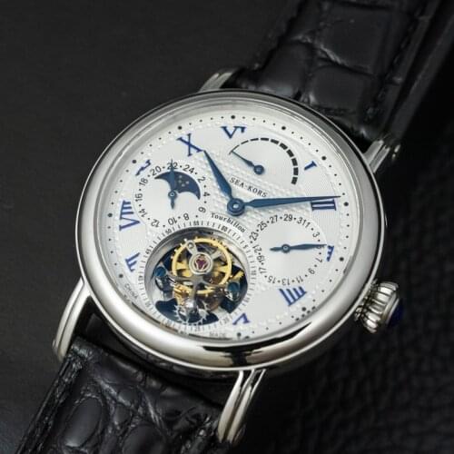 Multi-function Men Tourbillon Mechanical Watch Calendar Moonphase Dial ST8007 movement Mens Tourbillon Wrist Watches 50m