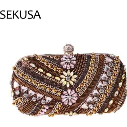 Flower Diamonds Women Evening Bags Party Chain Shoulder Embroidery Small Day Clutch Wedding Dinner Box Purse