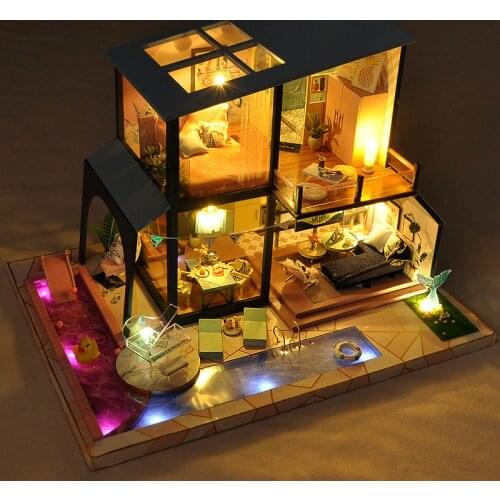 DIY Wooden Dollhouse Coast Villas Musical Architecture 3D Doll Houses Miniature Assemble With Furniture Creative Toys Kids Gift