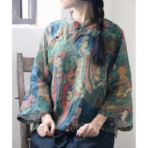 Dunhuang Murals of Buddha Digital Printing Fine Ramie Chinese Style Buckle Shirt Top Womens Clothing 2021 Button Up Shirt