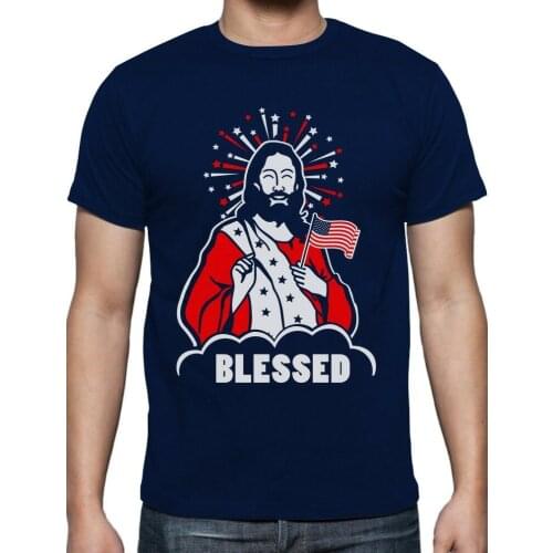 Blessed Jesus Christian American Flag Usa 4Th of July T-Shirt Independence Day New Fashion Mens Hip Hop Print Novelty T Shirts