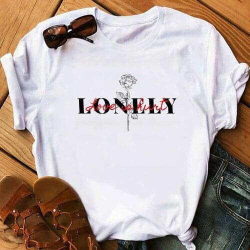 Lonely Love Is Hurt Flowers Print T Shirt Women Clothes Vogue Tshirt Harajuku T-Shirt Summer Tops Femme Streetwear Hot Sale