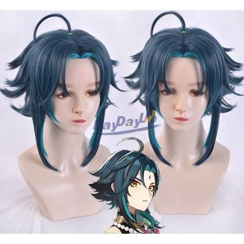 Genshin Impact Xiao Navy Blue Gradient Short Role Play Cosplay Heat Resistant Synthetic Hair Halloween Carnival Party + Wig Cap