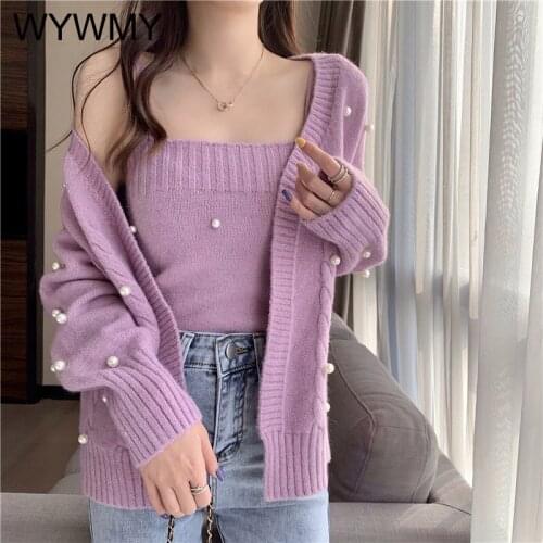 WYWMY Two Piece Set Women Loose Long Sleeve Knitted Cardigan and Camisole Tender Pearl Purple Fashion Sweater 2 Pieces Outfits