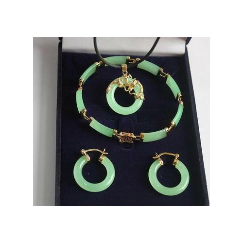 Natural Light Green Red Jade Dragon Pendant Necklace Earrings Bracelet Set