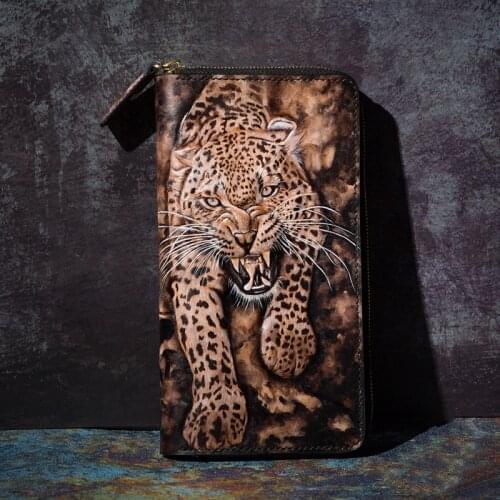 Handmade Genuine Leather Wallets Carving Leopard Purses Men Long Clutch Vegetable Tanned Leather Wallet Card Holder