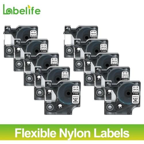 Labelife 10 Pack 18488 Rhino 12mm Flexible Nylon Labels S0718100 Black on White For DYMO LabelWriter and Industrial Label Makers