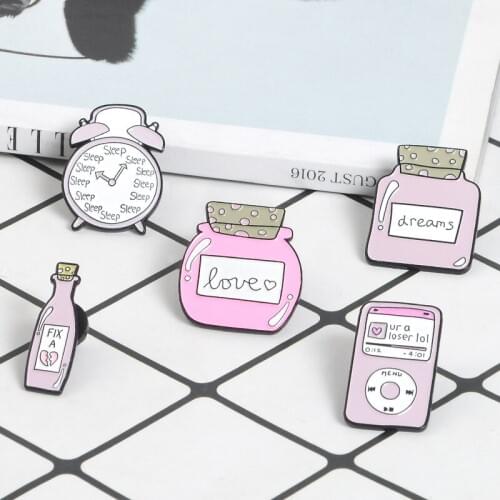 Cartoon Pink Collection Enamel Pins Sleep Clock Love Dream Bottle Brooches Denim Shirt Lapel Bag Pin Cute Jewelry Gift for Girl
