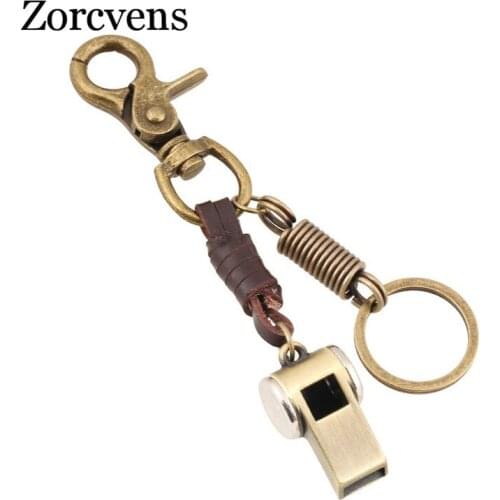 Modyle Mens Retro Fashion Leather Key Chains Hanging Decoration Bronze Alloy Whistle Pendant Girls Backpack Dual Jewelry