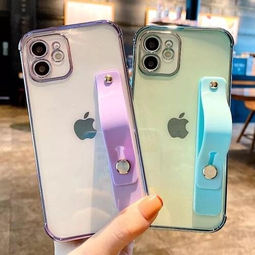 Soft Electroplated Frame Wrist Strap Phone Case For iPhone 11 12 Mini Pro Max X XR Xs Max 7 8 Plus SE 2020 Kickstand Cases Cover