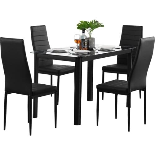 Glass Dining Table Set with Nine Block Box Pattern Black 4pcs Elegant Assembled Stripping Texture High Backrest Dining Chairs