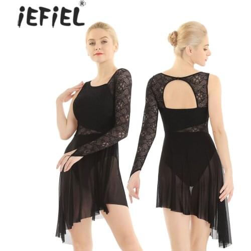 Women Adults Gymnastics Dancewear Single with Fingertip Lace Bodice Asymmetric Leotard Dress Modern Contemporary Ballet Dance