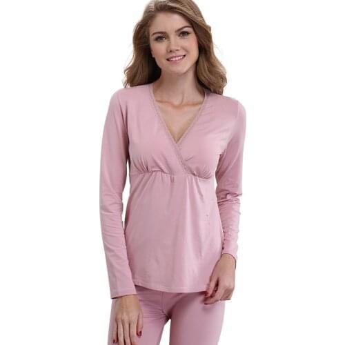 Pregnant women pajamas set cotton qualitative postpartum lactation suit long sleeve V-neck pink nursing tops+trousers