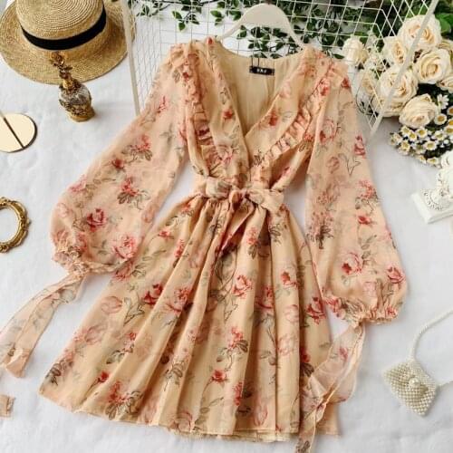 New Spring Summer Chiffon Dress Women V-Neck 2020 Sleeve Print Dresses Sweet Print Slim Elastic Waist Mid-length Women Dress