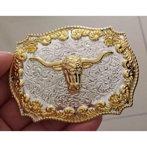 Bull Floral Flower Western Belt Buckle Silver With Gold Fashion Man Jeans Accessories For 4cm Wideth Belt