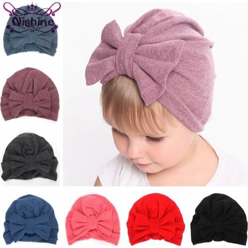 Nishine Cotton Blend Turban Hat Kids Newborn Big Bow Knot Beanie Stylish Top Knot Caps Shower Headwear Birthday Gift Photo Props