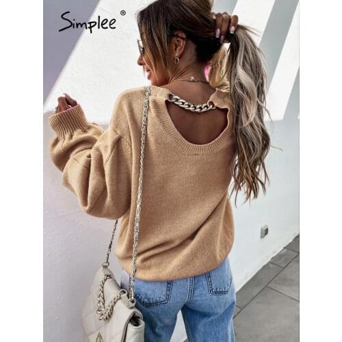 Simplee Za off shoulder chain long lantern sleeve sweater women Office lady o-neck pullover autumn Casual female short knit tops