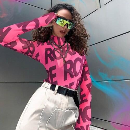 Spring 2020 alphabet printing long sleeve crop sexy tight mesh womens wear