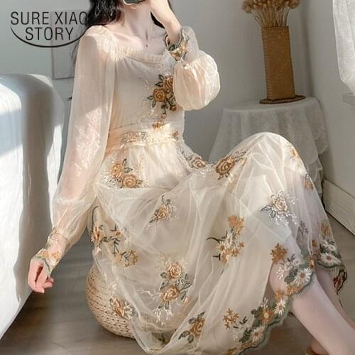 High Waist Long Dress Long Sleeve Floral Embroidery Party Dress Mesh Sweet Dresses Lantern Sleeve French Style Vestido New 10120