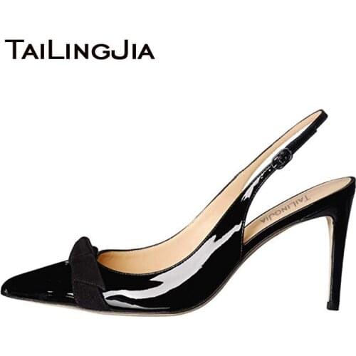 High Heels Pumps Party Office Women Shoes Bowknot Black Patent Leather Slingbacks Beautiful Quality Elegent Ladies Dress Shoes