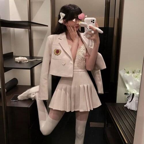 Womens Two-Piece Sets Spring New College Style Woolen Short Coat + Pleated Skirt Korean Suits