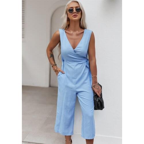 Women Jumpsuit Ankle-Length Pants Solid Color Slub Cotton Bow Tie Breast Wrap V-neck Sleeveless Casual Rompers Summer Jumpsuit