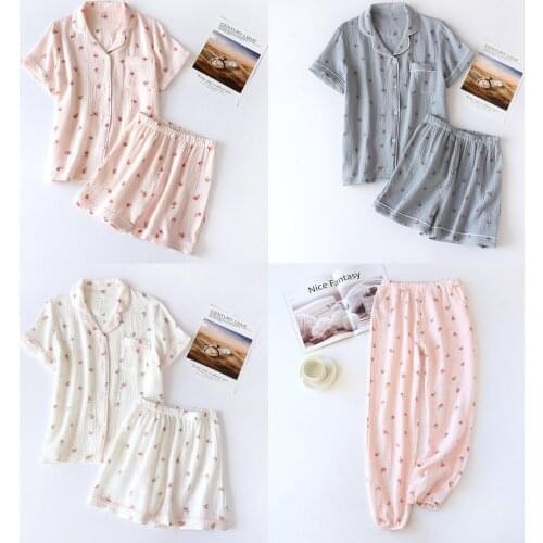 2021 Summer Ladies Short-sleeved Shorts Pajamas Set 100% Cotton Crepe Cloth Thin Home Service Two-piece Spring and Autumn Loose