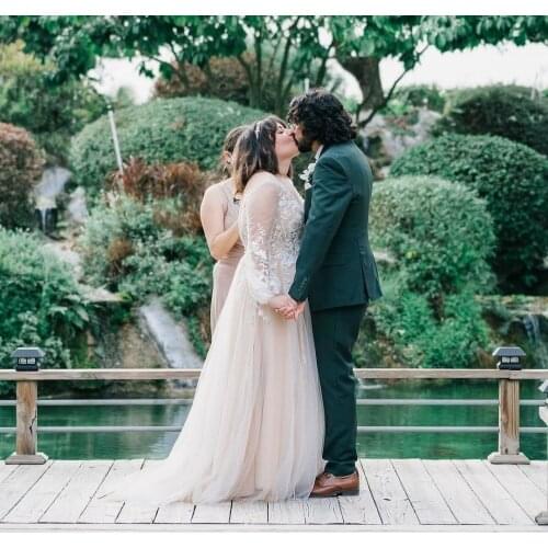 Vintage Long Shear Lace Wedding Dresses with Sleeves Lace Up Back Tulle Ivory Vestidos de Novia Abendkleid Bridal Gown for Women