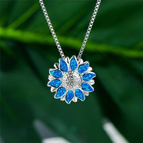 Boho Female Sunflower Pendants Necklaces Silver Color Wedding Necklaces For Women Boho Blue Man Made Fire Opal Necklace