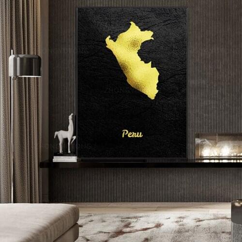 Golden Map Peru Canvas Wall Art Print Modern Poster Wall Pictures Living Room Decor