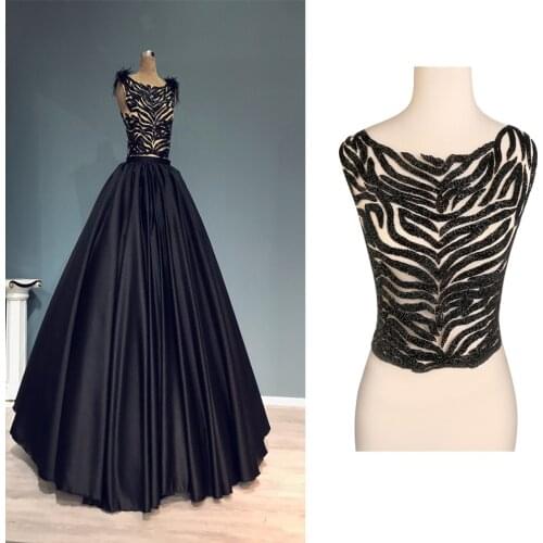 1 Piece Black Beaded dress Applique trim Patches with Gauze for DIY Wedding Dress and Evening Dress Upper Body Dress Decoration