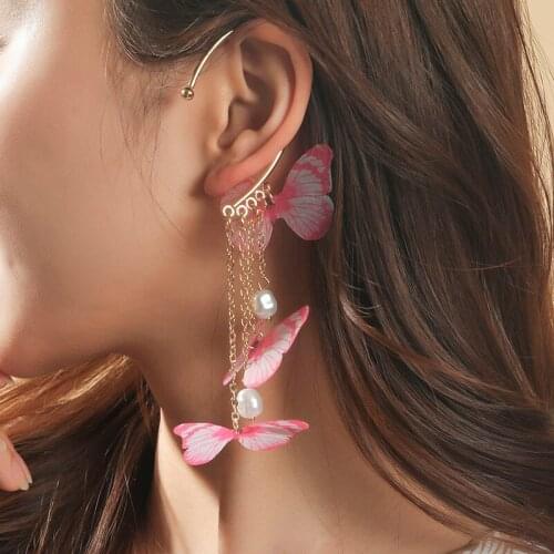 1 Pcs Boho Fashion Ladies Gold Color Metal Chain Lace Yarn Insect Pink Butterfly Clip Earrings For Women Party Jewelry Gifts