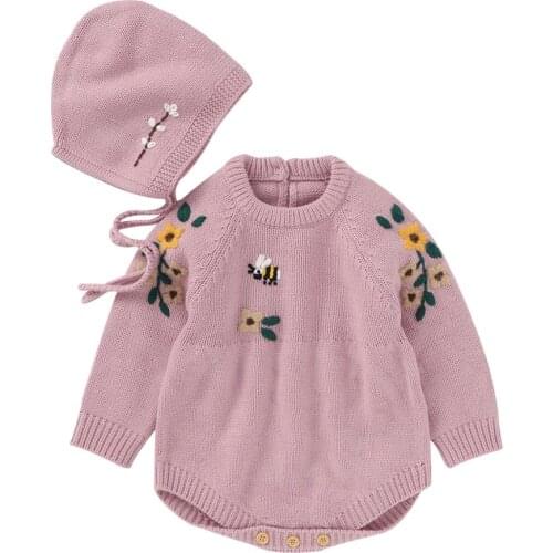 Newborn Baby Bodysuits Autumn Full Sleeve Infant Kids Girls Jumpsuits Caps Outfits Set Winter Soft Warm Toddler Sweaters Clothes