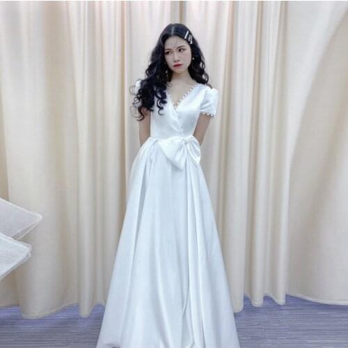 Women White Satin Long A-line Evening Dresses Robe De Soiree Longue Sexy V-neck Backless Formal Gowns