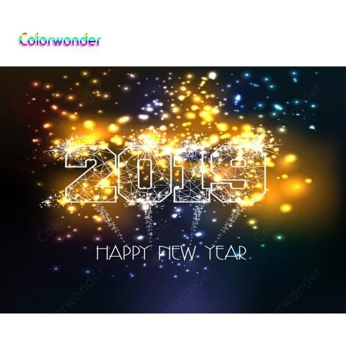 Colorwonder White Artistic Words 2019 with Golden and Sliver Sequins 7x5ft Black Seamless Backdrop for New Year Party Decoration