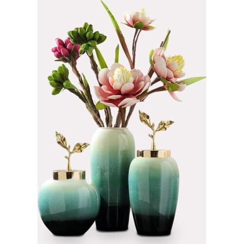 Creativity Ceramic Vase Handmade Gradient with Cover Golden Leaves Modern Home Crafts Ornaments Flower Vases Wedding Decoration