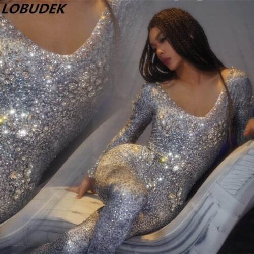 Silver Rhinestones Jumpsuit Long Sleeve Elastic Tight Jumpsuits Women Birthday Celebrate Outfit Nightclub Singer Dancer Costume