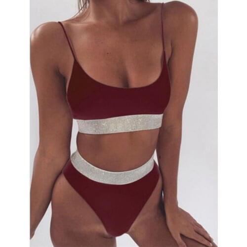 Dujujunyi Solid Color Bikini Set Swimming Two Piece Swimsuits Swimwear Beach Suit Sequins sexy Mid Waist Beach Holiday Swimwear