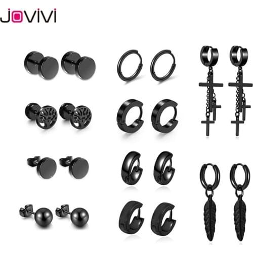 Jovivi Stainless Steel Stud Earring Cross Feather Tree of Life Round Earring Stud Fashion Ear Piercing Bijoux Jewelry