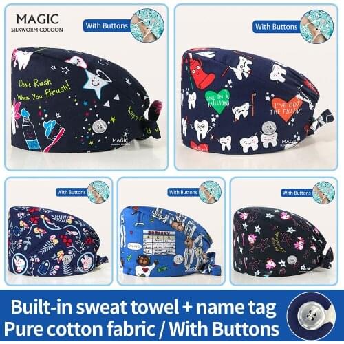 Adjustable Pet Grooming Hospital Scrubs Hat Unisex Nurse Hats with Buttons Tooth Printing Medical Scrubs Women Hat for Long Hair