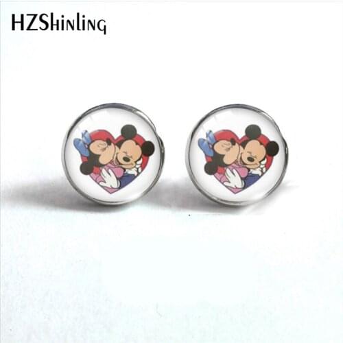 Mickey Mouse Minnie Couple Love Kiss Round Stud Glass Earrings Sweet Ear Accessories for Girls Gifts