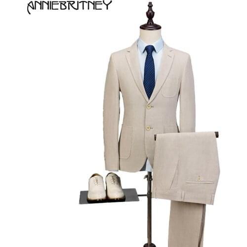 2018 New Brand Ivory Beige Linen Men Suit Set Slim Fit Style Summer Beach Wedding Blazer Prom Tuxedo Jacket+Pant 2 Piece Terno