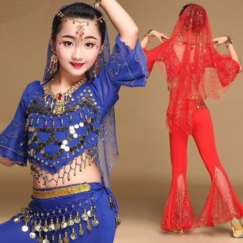 4Pcs/Set New Indian Dance Wear Clothes Children Belly Dance Costume Set Chiffon Coin Top And Flared Pant Suit For Belly Dancer