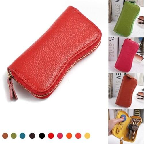 New Women Mens Cowhide Leather Zipper Purse 6 Key Rings Bag Car Key Wallets Fashion Multifunction Housekeeper Holders