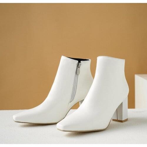 Ochanmeb Oversized Big Plus Size 46 47 Women Short Boots Black White Block High Heels Square Toe Booties Woman Shoes Fall Winter