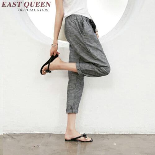 Solid color linen pants ankle-length linen trousers women summer pants drawstring low waist women pants linen NN0461 HQ