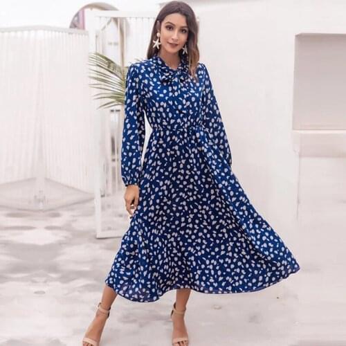 Womens Bow Collar Long Sleeve Casual Long Printed Dresses Ladies Nice New Spring Summer Fashion a Line High Waist Dress Female