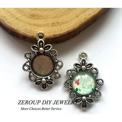10pcs/lot 12mm Round Glass Antique Silver Color Cameo Cabochon Pendant Setting Supplies for Jewelry Flatback MC-060