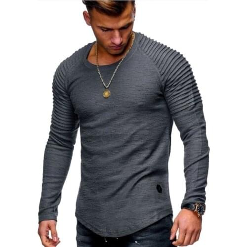 Casual Tops Pullovers Fashion Slim Basic Tops Hot 2021 Solid Color Sleeve Pleated Patch Detail Long Sleeve T-Shirt Men Spring